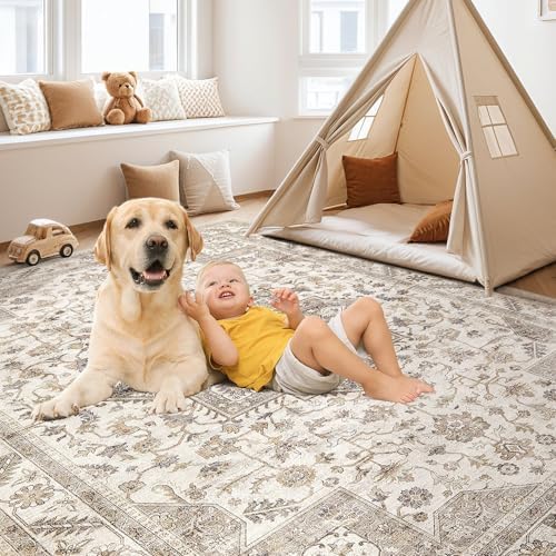 cotiled 6x9 Area Rug for Living Room, Washable, Traditional, Light Brown