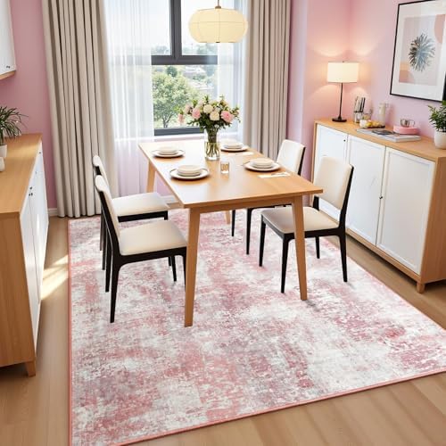 Macgace Washable Abstract Small Area Rug for Bedroom, 3x5 Rugs Pink