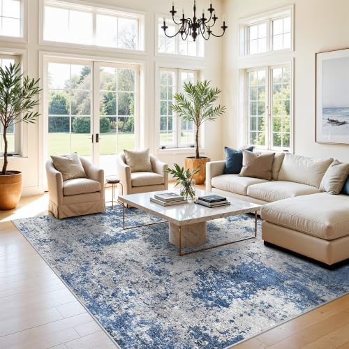8x8 ft Square Living Room Rug - Washable Modern Neutral Abstract Area Rug for Bedroom, Dining Room, Kitchen Non-Slip Soft Low-Pile Indoor Floor Carpet (Blue Ivory Grey, 8x8)