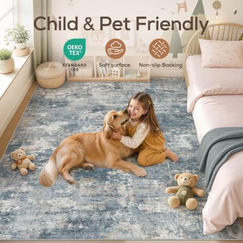 Nakagishi 8x10 Area Rugs Living Room: Washable Abstract Large Neutral Soft Rug Stain Resistant Modern Indoor Floor Non-Slip Carpet for Bedroom Nursery Kids Playroom Office Dining Room Dorm-Blue Brown