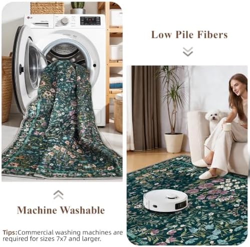 5x5 Living Room Area Rug Washable: Floral Non-Slip Mats for Indoor Floor Entryway Dining Room Bedroom - Soft Thin Carpet for Vintage Neutral Home Decor (5ft Square, Green)