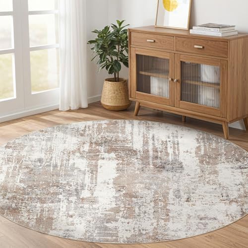LOONGRUG Round Rug 4x4 Washable Neutral Modern Circle Area Rugs Brown