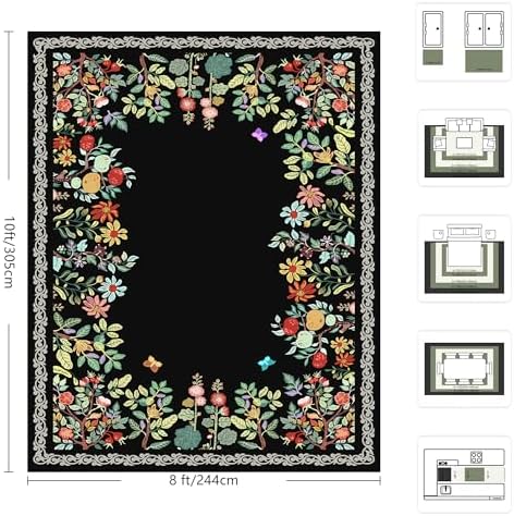 8x10 Area Rugs, Eco-Friendly Floral Washable Rug, Large Rugs for Living Room, Dining Room, Non-Slip Soft Durable Bedroom Rug（Black）