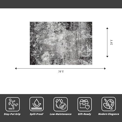 2x3 Washable Entryway Rug – Non-Slip Modern Abstract Neutral Small Throw Area Rug for Kitchen, Bedroom – Soft Low Pile Thin Indoor Door Mat（Black Grey,2x3）