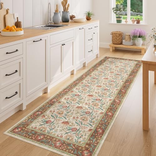 DUKINO 2x6 Runner Rug, Washable Vintage Floral Kitchen Rug, Brown