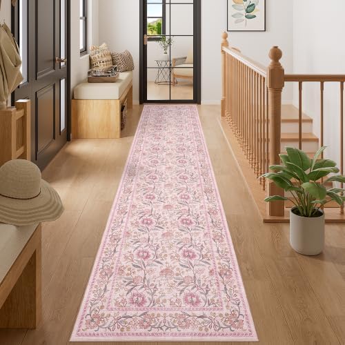 DUKINO 2x10 Runner Rug for Hallway, Washable Vintage Floral Rug, Pink