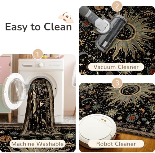 Vacuum-Friendly, 5x8 Washable Area Rug, Black Green Blue