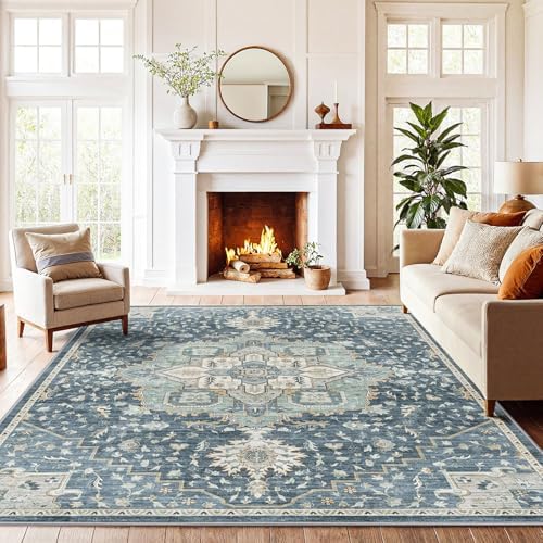 Amada 6x9 Washable Area Rug for Dining Room, Blue/Yellow, Vintage Pattern