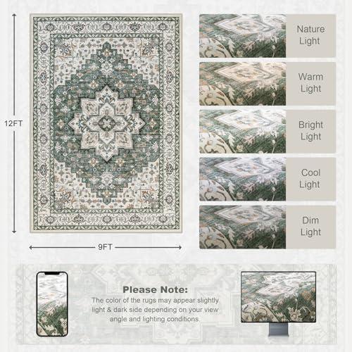 9x12 Area Rugs Living Room: Washable Rug for Bedroom Green Ivory