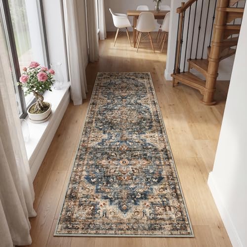 GarveeHome Washable Rug Runner 2x10 Vintage Runners for Hallways Blue&Brown