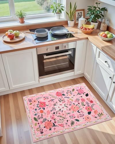 Macgace Floral Area Rug for Entryway, Washable 2x3 Pink Small Rugs