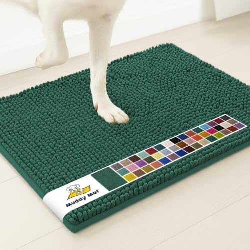 Muddy Mat® | Super Water Absorbent Door Mat Indoor, Microfiber Quick Dry Chenille Entryway Rug, Slip Resistant Front Door Mat, Indoor Mats for Entryway, Machine Washable Pet Rug, Dark Green 3ft x 8ft