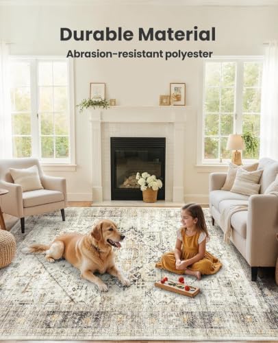 Amada Large 8x10 Washable Area Rug for Living Room, Yellow, Vintage Pattern