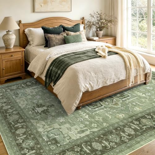 4x6 Ft Area Rugs for Living Room, Soft Non-Slip Machine Washable Rug, Vintage Stain Resistant Carpets for Bedroom Nursery Dining Room Home Decor (Green)