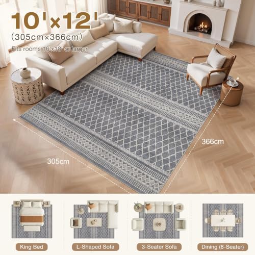 cotiled Boho 10x12 Area Rug for Living Room: Large Moroccan Washable Rug