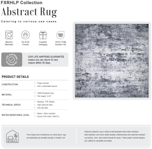 Area Rug Living Room: 5x5 Modern Washable Indoor Soft Carpet Grey