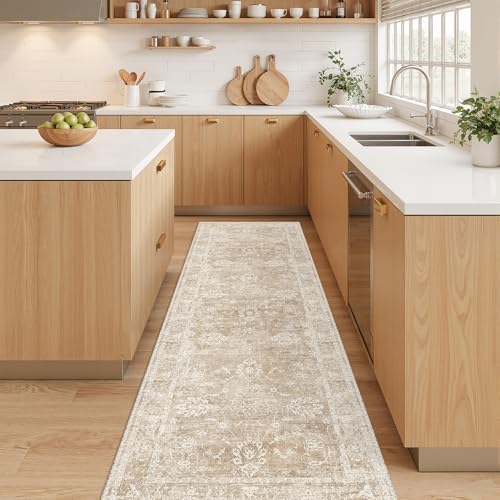 Madane Washable Runner Rug 2x5, Vintage Kitchen Hallway Rug Beige/Brown