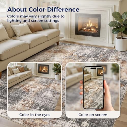 DMOYEST Square Area Rug Living Room Rugs - 12x12 Washable Extra Large Soft Indoor Neutral Modern Abstract Low Pile Rug Carpet for Bedroom Dining Room Farmhouse Home Office - Grey Brown