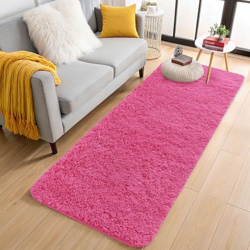 OLANLY 2x6 Machine Washable Runner Rugs for Hallway, Soft Fluffy Shaggy Bedside Rugs for Bedroom, Living Room, Indoor Floor Carpet for Kids Girls Boys, Nursery Rooms, Home Decor Aesthetic, Hot Pink