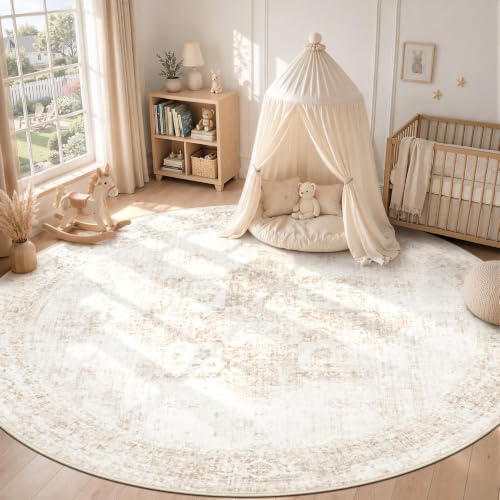 Round Rugs 8ft Washable Rug, Vintage Boho Medallion Rugs Non-Slip Soft Low Pile Circle Distressed Rug Indoor Retro Carpet for Living Room Bedroom Dining Room Home Office (Beige, 8' Round)