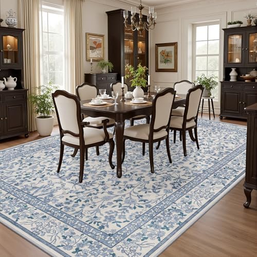 Area Rug 9x12 Living Room: Soft Floral Washable Boho Carpet Blue