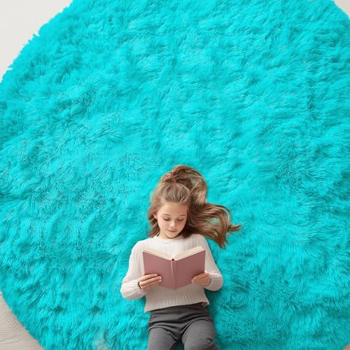 OLANLY Teal Blue Round Rugs for Bedroom - Machine Washable, 9 ft Circle Area Rugs for Living Room, Soft and Fluffy Shaggy Carpet for Teen Girls and Boys, Nursery Rooms, Dorms, Home Decor Aesthetic