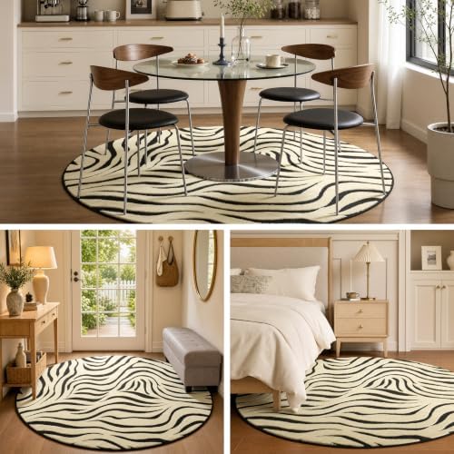 YIHOUSE Zebra Round Rugs 5ft: Modern Washable Non-Slip Area Rug
