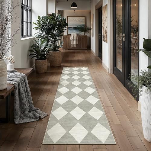 PureCozy Grey 2'6x8 Washable Runner Rug Kitchen Non Slip Checkered Carpet