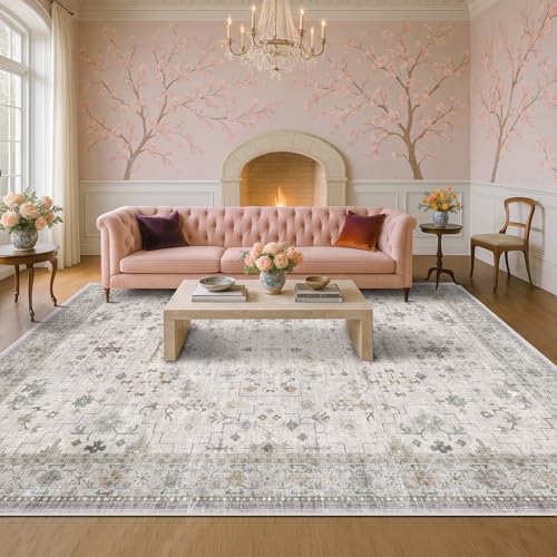 Large Light Gray & Sage 10x14 Living Room Rug - Vintage Floral Area Rug for Dining Room, Washable Low Pile Bedroom Carpet, Modern Eclectic Geometric Decor & Stain Resistance
