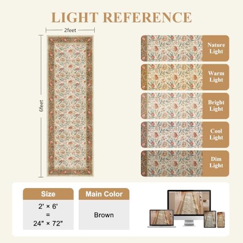 DUKINO 2x6 Runner Rug, Washable Vintage Floral Kitchen Rug, Brown