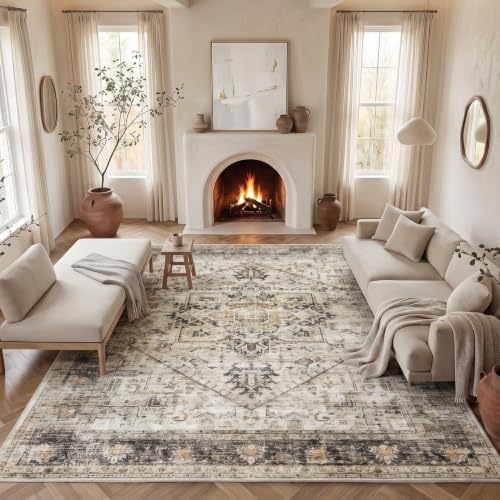 Amada Large 8x10 Washable Area Rug for Living Room, Yellow, Vintage Pattern