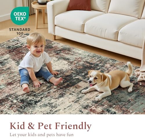Rugflix 9x12 Area Rugs for Living Room, Washable Rust Brown Green Large Rug