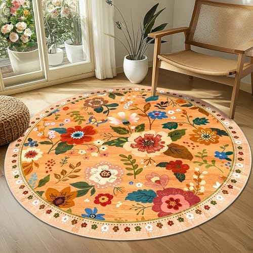 RELEANY Floral Washable Round 4ft Area Rug Orange/Yellow/Red