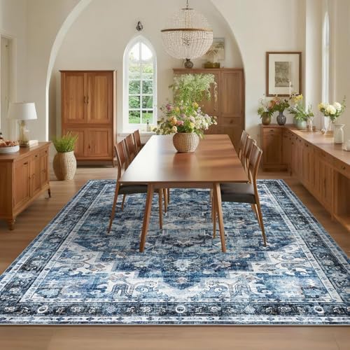 GarveeHome 9x12 Washable Rugs for Living Room Vintage Area Rug Blue