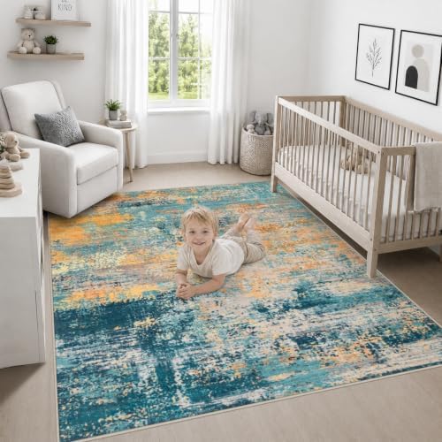 Area Rug Living Room: 5x5 Modern Washable Soft Carpet Rosy Haze
