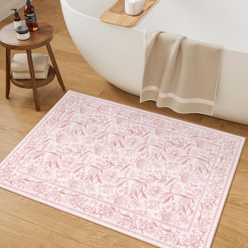 DUKINO 2x3 Rug, Washable Vintage Floral Bathroom Rugs Non Slip, Light Pink