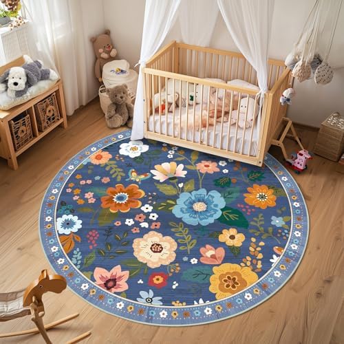 RELEANY Floral Washable Round 6ft Area Rug Blue/Grey