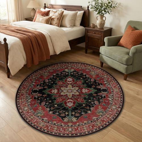 RELEANY Washable Area Rug, Round 4ft, Red/Black