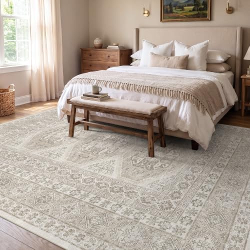 Ksrau 7x9 Area Rug Washable: Non Slip Living Room Floor Carpet Beige