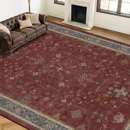 Hazo Haus Moroccan Big Rugs for Living Room - Dark Red 10x14 Area Rug for Large Bedroom, Dining Room, Washable Lightweight Low Pile Foldable Oriental Burgendy Home Décor