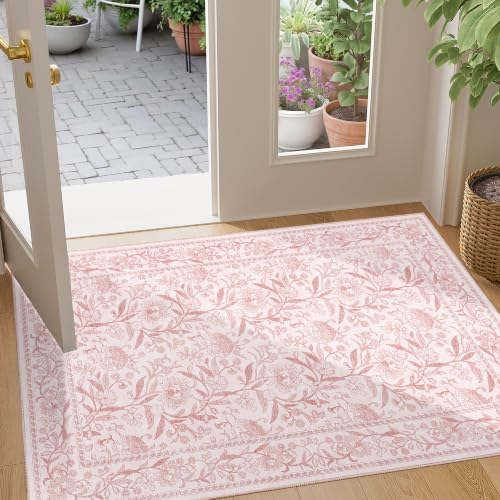 DUKINO 2x3 Rug, Washable Vintage Floral Bathroom Rugs Non Slip, Light Pink