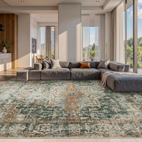 Rugxara 10x14 Area Rugs for Living Room Large Washable Rug, Green/Brown