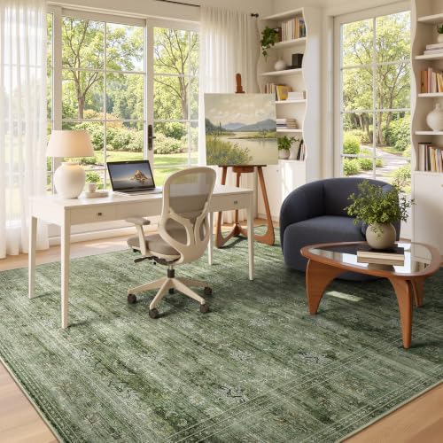 8x10 Area Rug for Living Room, Non-Slip Washable Large Carpet, Forest Green