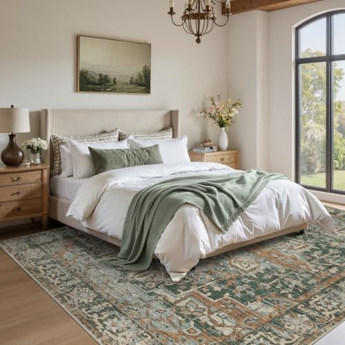 Rugxara Area Rugs 5x7 Washable Rug for Living Room Bedroom, Green/Brown