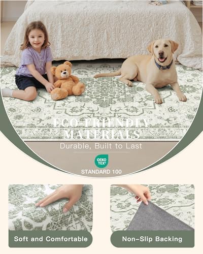 Madane 8x10 Area Rugs for Living Room, Washable Soft Rug Green/Ivory