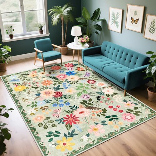 PLHXFR 6x9 Area Rug Living Room: Floral Washable Boho Soft Carpet Green