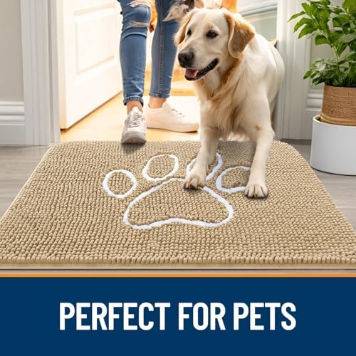OLANLY Dog Door Mat for Muddy Paws 47x24, Paw Print Design Chenille Mud Mat