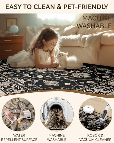 RELEANY Washable Area Rug, Runner 2'x8', Black/Neutral