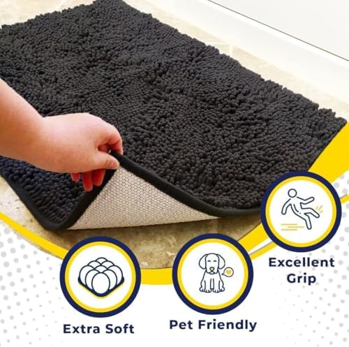 Muddy Mat® | Super Water Absorbent Door Mat Indoor, Microfiber Quick Dry Chenille Entryway Rug, Slip Resistant Front Door Mat, Indoor Mats for Entryway, Machine Washable Pet Rug, Charcoal 36" x 120"