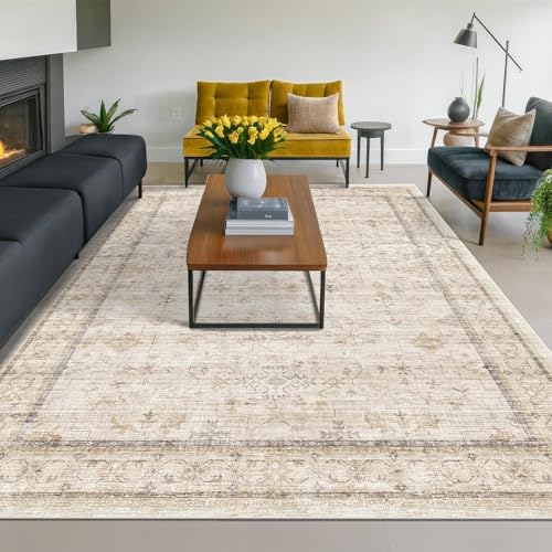 Hazo Haus Washable Ivory Beige Living Room Rug, 8x12 Non Slip Area Rugs for Bedroom, Dining Room Under Table, Low Pile Neutral Farmhouse Vintage Foldable Décor
